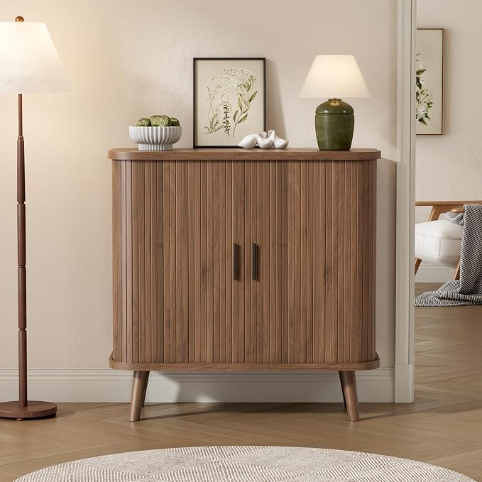 BORNOON Buffet Cabinet with Storage, Curved-Edge Fluted Storage Cabinet Sideboard, Modern Walnut Sideboard Buffet with Adjustable Shelves & Sliding Door for Dining Room, Kitchen, Entryway