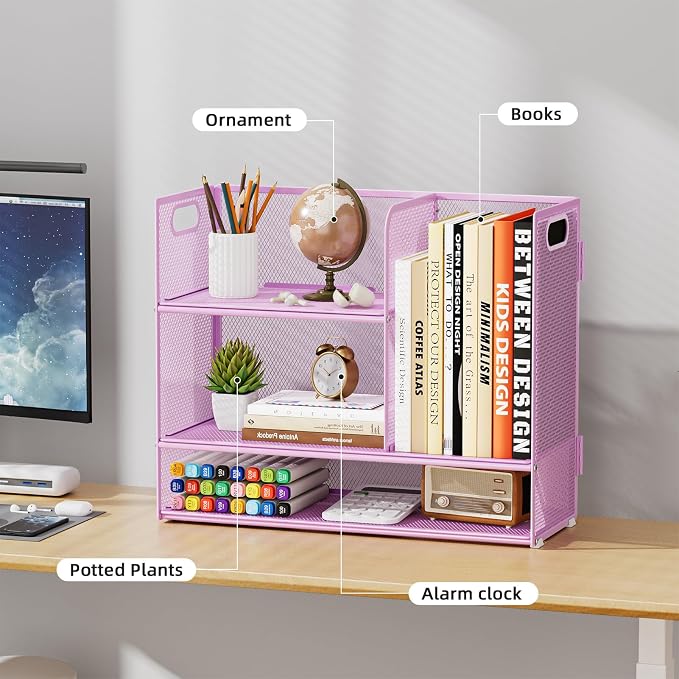 Marbrasse Desk Shelf Organizer with Handle, Bookshelf File Holder, Purple | 3-Tier Desktop Mesh Display Shelf Organizer Storage Rack for Office, Home, Supplies, Kitchen