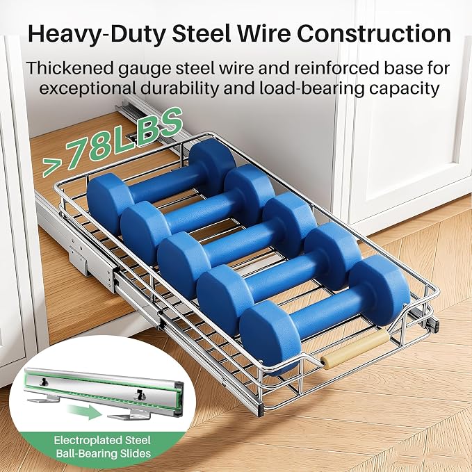 Pull out Cabinet Organizer, 11"W X 21"D, Heavy Duty Smooth Sliding Under Cabinet Shelves for Pots and Pans, Full-Extension Roll out Drawers, Slide out Organization for Home Kitchen Pantry