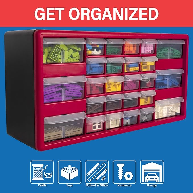 Akro-Mils 26-Drawer Plastic Storage Cabinet, 20"W x 6"D x 10"H, Red