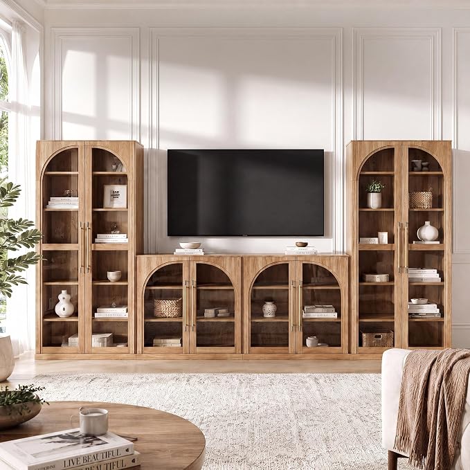BELLEZE 4-Piece Modular TV Stand Set - 2 Arched Glass Door Sideboard Buffet and 2 Tall Storage Cabinets, Classic Modern Modular Entertainment Center with Adjustable Shelves for Living Room(Camel)