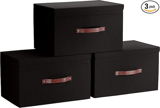 Ornavo Home 3 Pack Collapsible Storage Bins with Lid, 16.5x11.8x7.5, Black | Foldable Linen Fabric; Faux Leather Handles; Ideal Closet Organizer & Large Storage Box for Clothes and Shelves