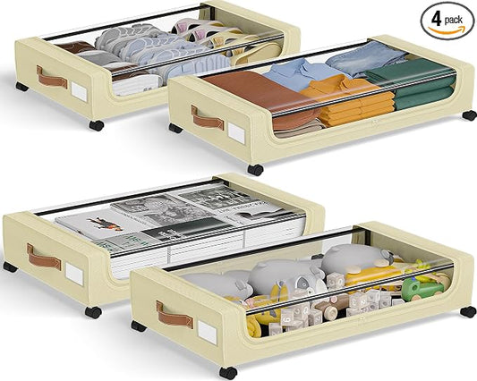 GoMaihe Under Bed Storage with Wheels 48L Beige 4-Pack | Underbed Storage Containers with Lids Rolling Bins for Shoes Clothes in Dorm Bedroom - Metal Drawers Easy Pull-out