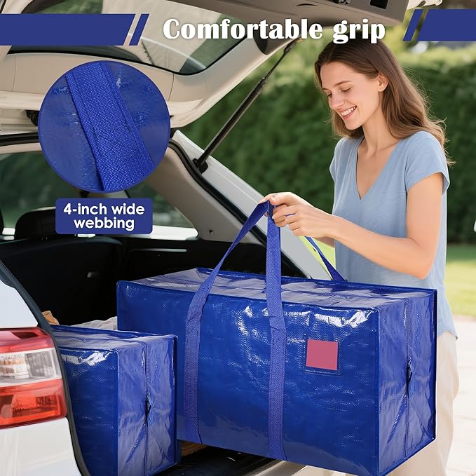 12 Pack Moving Bags with Full-Open Side Zipper, Extra Large 93L Heavy Duty Waterproof Foldable Storage Totes for College Dorm, Moving & Home Organization Blue