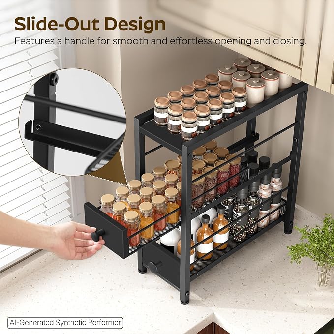 Spice Rack, 3-Tier Pull Out Spice Rack Organizer for Countertop, Narrow Kitchen Countertop Storage Shelf with 2 Drawers, for Kitchen, Cafe, Black SR02BB