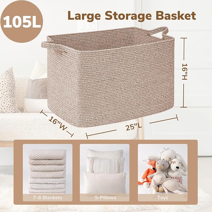 Goodpick 105L Extra Large Woven Blanket Basket, Cotton Rope, Brown | 25 x 16 x 16 in, Rectangle, Blankets, Clothes, Toys & Pillows Storage, Living Room, Bedroom & Nursery Organization