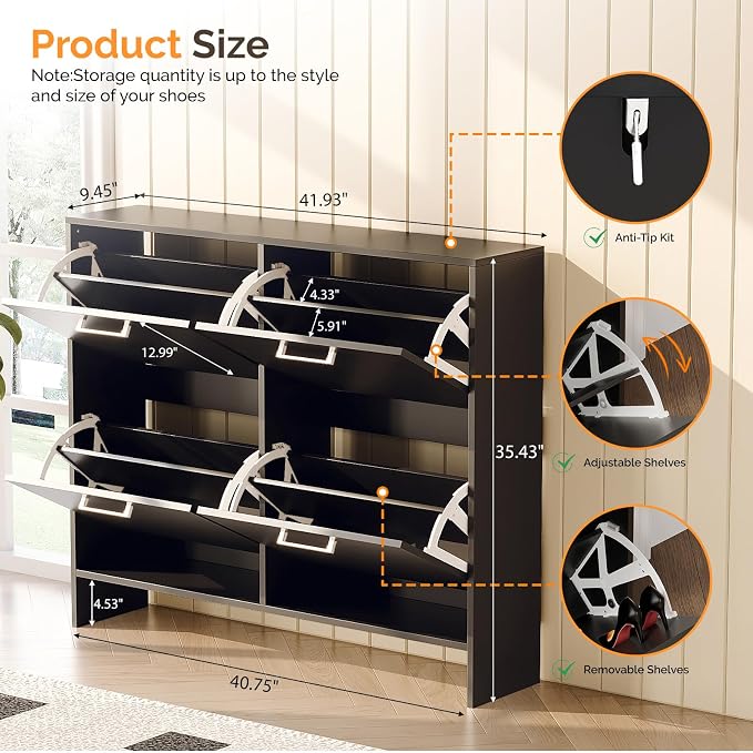 VINGLI Black Shoe Cabinet for Entryway, Ultra Slim Shoe Rack Storage with 4 Flip Drawers, Modern Narrow Shoe Organizer for Hallway, Hidden Sneaker Cupboard, 42 Inch Wide