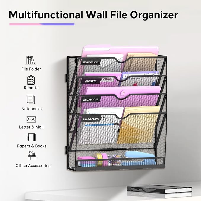 5-Tier Wall File Organizer with Base, Wall Mounted File Holder | Vertical Hanging File Organizer with Open Compartments and Label Holders for Mail, Folders and Paperwork at Home or Work
