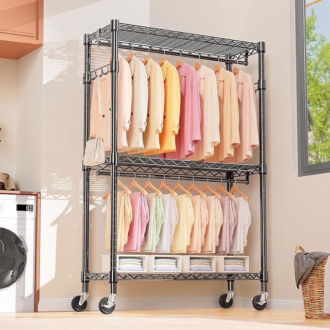 M MZG Heavy Duty Rolling Garment Rack 3 Tiers Adjustable Wire Shelving Clothes Rack with 2 Rods and Side Hooks, Storage Closet Clothing Rack with Wheels Black 17.7" D x 47.2" W x 83.6" H