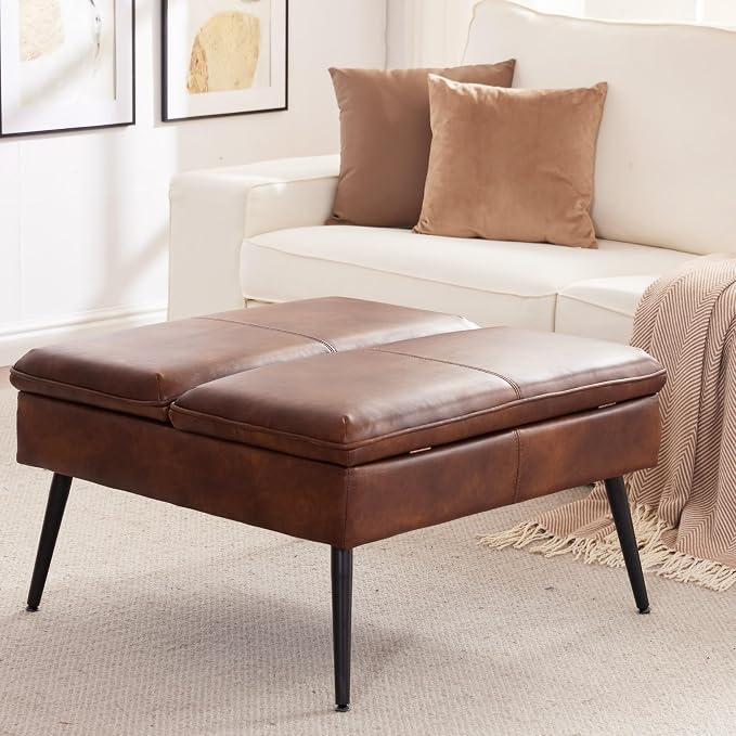 Square Ottoman with Storage Coffee Table Large Upholstered Brown | Mid-Century Modern Ottoman w/ Double Flip-Lid Metal Legs Padded Seat for Living Room Bedroom, Faux Leather, Loads 660 lbs