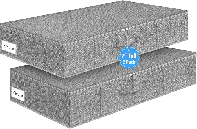 6.7-Inch Under Bed Storage Bin with Zipper Lid, Rigid Sides,2 Pack, Gray | Zipped Lid, Rigid Sides & Bottom, Large Clothes Organizer Box, Off-season Storage, Bedrooms, Closet Organization