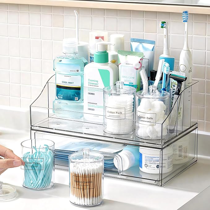Vtopmart 6 PCS Bathroom Countertop Organizer Sets | 1 Divided Tray, 4 Qtip Holder Jars, 1 Drawers, Clear Organizers, For Toothbrush, Cotton Pads, Vanity Accessories