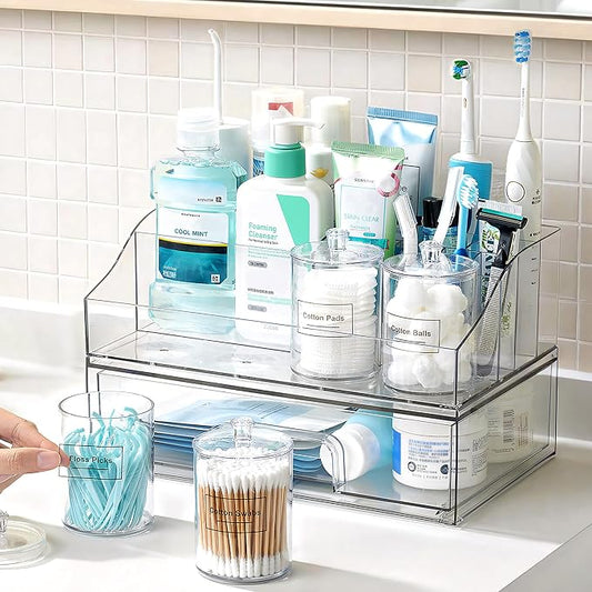 Vtopmart 6 PCS Bathroom Countertop Organizer Sets | 1 Divided Tray, 4 Qtip Holder Jars, 1 Drawers, Clear Organizers, For Toothbrush, Cotton Pads, Vanity Accessories