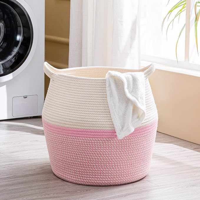 KAKAMAY Woven Baskets for Storage(17"x17"),Large Cotton Rope Woven Baby Laundry Hamper,Collapsible Laundry Basket, Blanket Basket for Organizing Living Room,Nursery,Pillows,Toy Chest(Pink)