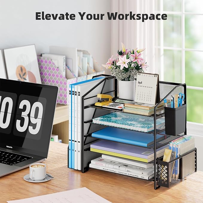 Simple Trending 5-Tier Desk File Organizer, Paper Organizer, Black | Adjustable Letter Trays, Pen Holder & File Shelf, Durable Steel Mesh, Space Saving, for Home Office, 17.5"L x 9"W x 13"H