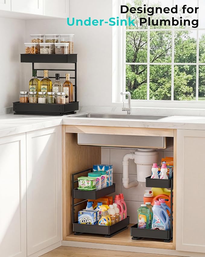 EVERIE Metal Pull Out Slide Shelf Organizer for Under Sink Organization in Kitchen, Bathroom, Counter, Cabinets, Minimum Available Space 13" Wide x 16.5" Deep (Black, 1 Set)