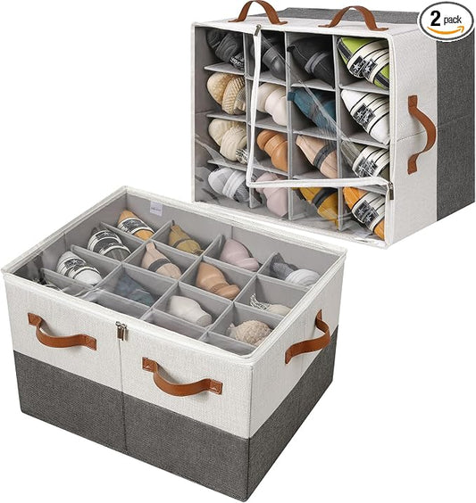 Shoe Organizer for Closet 2 Pack, Foldable Shoe Box with Adjustable Dividers and Clear Cover, Space Saving Shoe Storage Organizer Cabinet with Reinforced Handles, Fits 32 Pairs TP12WG