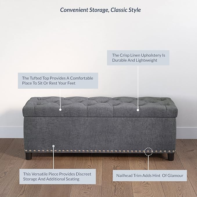 BELLEZE Storage Ottoman, Tufted Ottoman with Close Hinge, Foot Rest for Living Room (Gray, 47 inch)