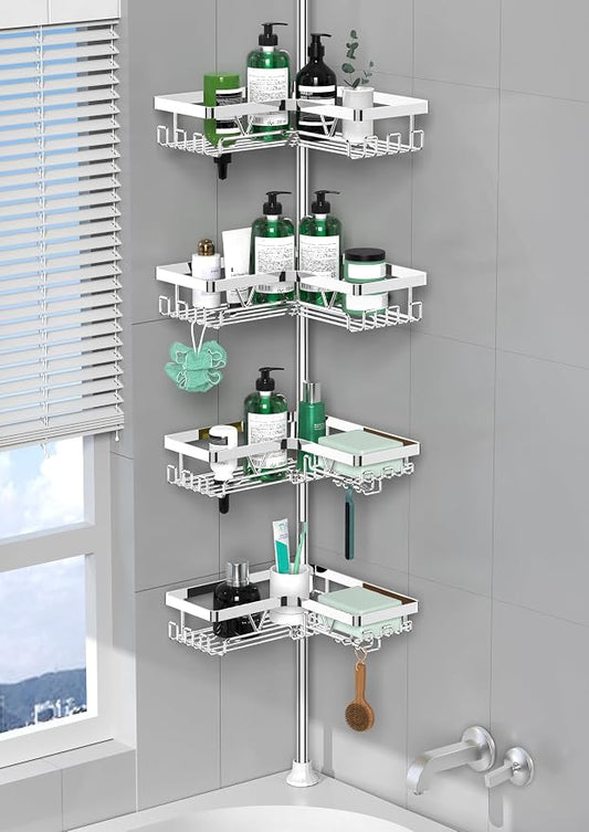 DAOYA Corner Shower Caddy Tension Pole - Chrome Tension Rod Shower Caddy | 4 Tier Shower Organizer for Bathroom/Bathtub/RV, Floor to Ceiling 25-114.2 inch, WIth 28 Hook/2 Soap Dish/ 2 Razor Holder
