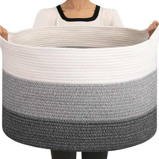 OIAHOMY 90L Extra Large Blanket Basket - Decorative Cotton Rope Storage Basket for Bedroom, Living Room & Nursery - Woven Laundry Hamper for Organizing Blankets, Clothes & Toys - Gradient Grey