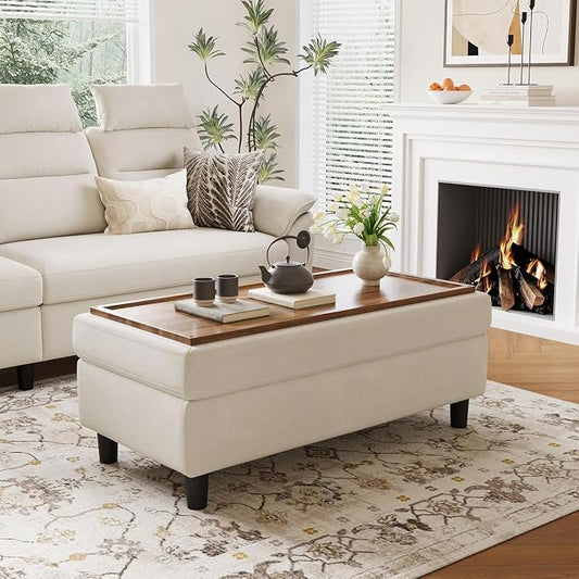LINSY HOME 46 Inches Wide Storage Ottoman Bench, Linen Coffee Table Folding Long Shoes Bench Footstool, Storage Chest, Foot Rest Stool, for The Living Room, Entryway and Family Room(Beige)