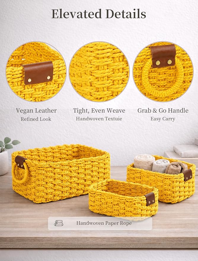 Small Wicker Baskets, 3 PCS Paper Rope Baskets for Shelves, Yellow | Recycled Small Baskets, 3 Sizes Woven Baskets for Organizing, Decorative Storage Baskets for Bedroom and Bathroom
