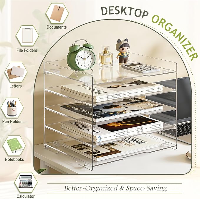KKU 5 Tier Clear Acrylic Desk Organizer, Letter Tray Paper File Desk Organizer and Accessories For Office Supplies