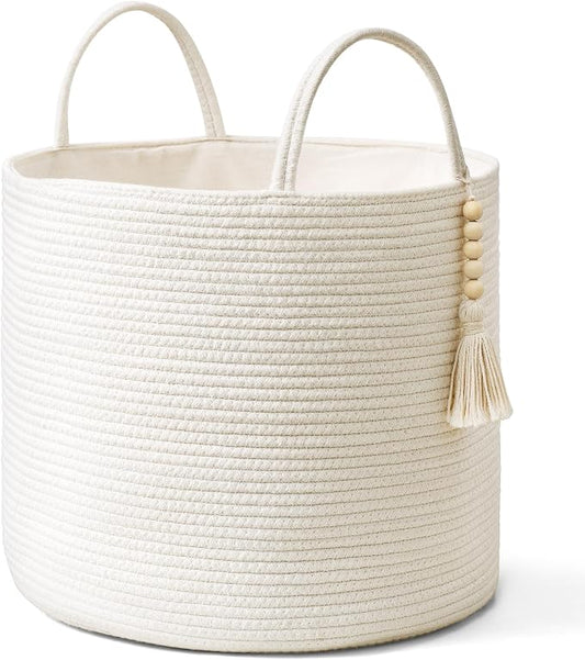 Mkono Woven Storage Basket Decorative Natural Rope Basket Wooden Bead Decoration for Blankets,Toys,Clothes,Shoes,Plant Organizer Bin with Handles Living Room Home Decor, White, 16" W × 13.8"L | White, Cotton, Decorative Basket with Handle, Wood Beads T...