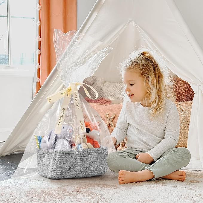 Goodpick 3-Pack Woven Baskets for Closet & Shelves, 11 x 7 x 4.5 in | Woven Baskets for Shelves, Closet Organizer Bins,Empty Baskets for Gifts, Woven Basket for Play Room, White & Gray