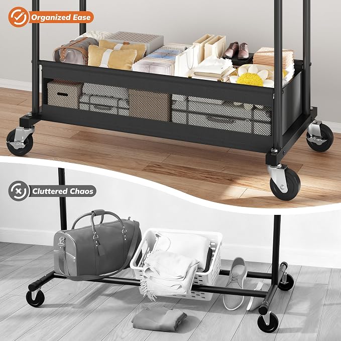Clothes Rack 210 LBS Double Rods Extra Storage Basket | Rustproof Coated Steel, Anti-bending Design, 360° Sturdy Wheels, 10-Min Tool-Free Assembly, Metal Garment Rack for Home