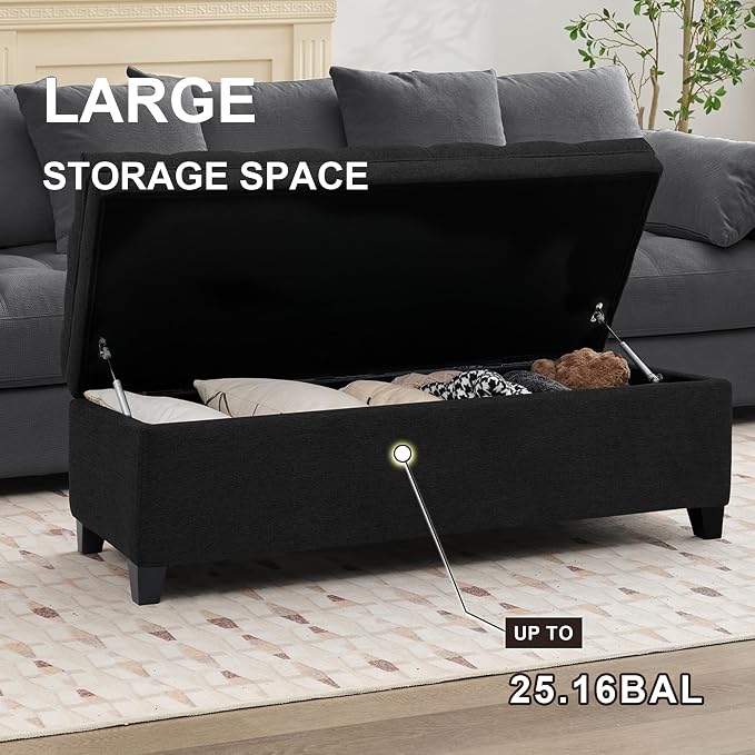 51" Storage Ottoman for Bedroom & Living Room, End of Bed Bench with Black Wooden Legs, Linen Upholstered Tufted Ottoman, Entryway Storage Bench, Black