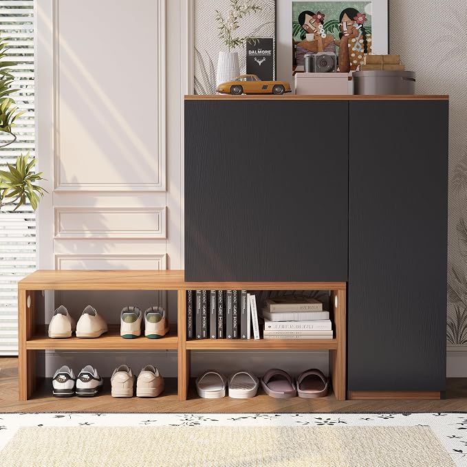 51.18" Shoe Storage Cabinet with Doors & Open Shelves, Walnut & Black | Space saving, dust-proof, clutter-free, multi-scenario fit, durable construction
