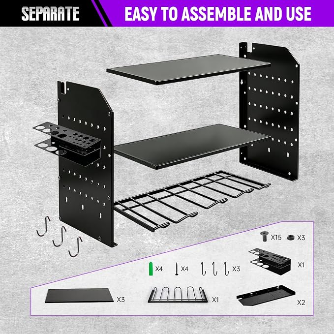 Power Tool Organizer Wall Mount,Power Drill Tool Holder | 200lb Heavy Duty Tool Shelf,4 Tier Cordless Tool Organizerwith 4 Drill Holders & 3 Divider Panels,Black