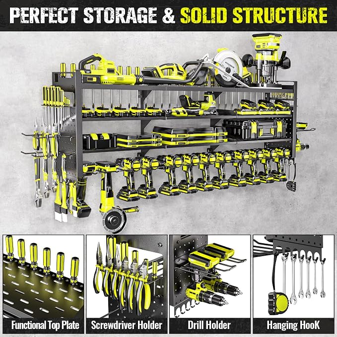 49.8" Power Tool Organizer Wall Mount,Holds 14 Cordless Drills | Large 4-Tier Tool Storage Rack, Heavy Duty 450 lb Load Capacity for Garage Workshop, Black, Gift for Men
