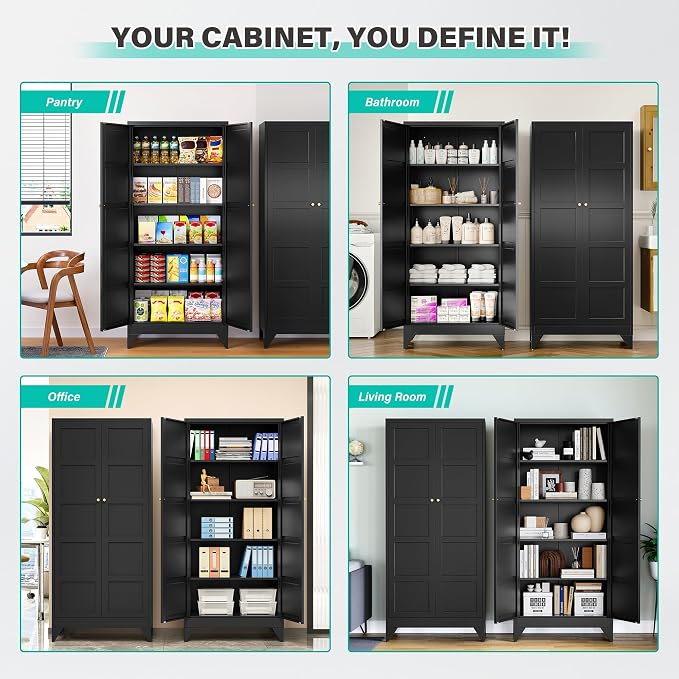 SISESOL Wide & Deep Metal Storage Cabinets with 2 Doors and 5 Shelves,Tall Storage Cabinet,Large Cupboard Closet,Pantry Storage Cabinet for Home,Kitchen,Dining/Living Room (Black, 72" H)