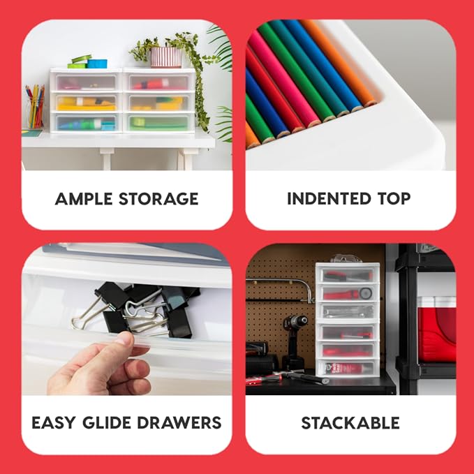 IRIS USA 2-Pack, 3-Drawer Medium Plastic Stacking Desktop Organizer, White | Organize office supplies, stationery, makeup, craft materials and everyday essentials for neat desktop storage