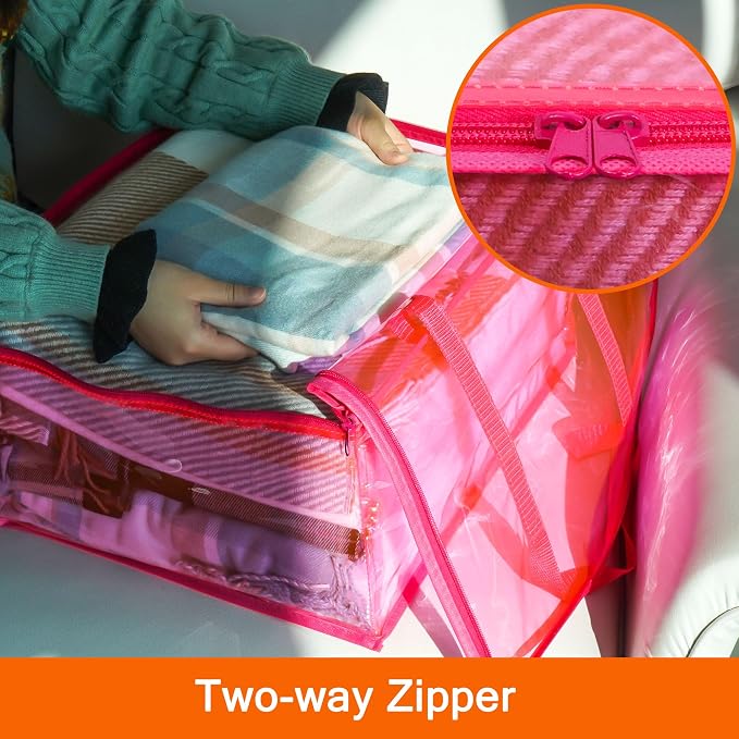 Vieshful Pink 90L Clear Clothes Storage Bag with Zipper 3 Pack | Colorful Clothes Organizer, Vinyl Storage Bag for Comforter, Blanket, Bedding, Duvet, Transparent Moving Totes