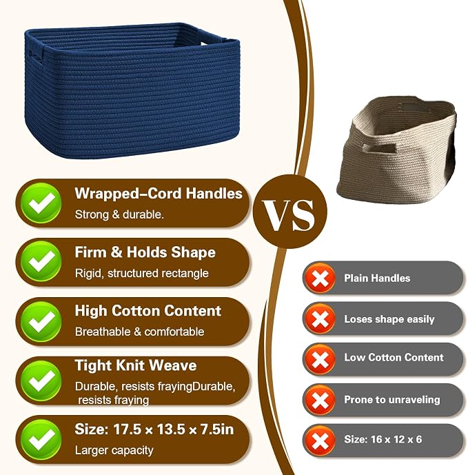 2 Pack Large Storage Basket for Organizing, 17.5"x13"x7" Woven Basket for Shelves, Closet Cube Storage Bins with Wrapped Handle, Cotton Rope Baskets for Kitchen, Clothes, Toys(Navy Blue)