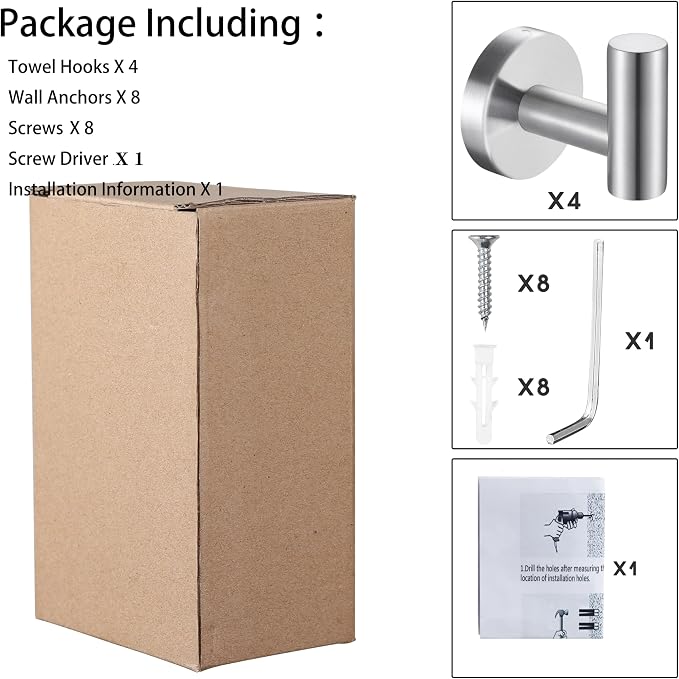Bath Towel Hooks Robe Hook Holder Wall Mount Heavy Duty Wall Hooks SUS 304 Stainless Steel Coat Hook Closet Door for Bathroom Bedroom Hotel Kitchen Garage Pool 4 Pack (Brushed Nickel)