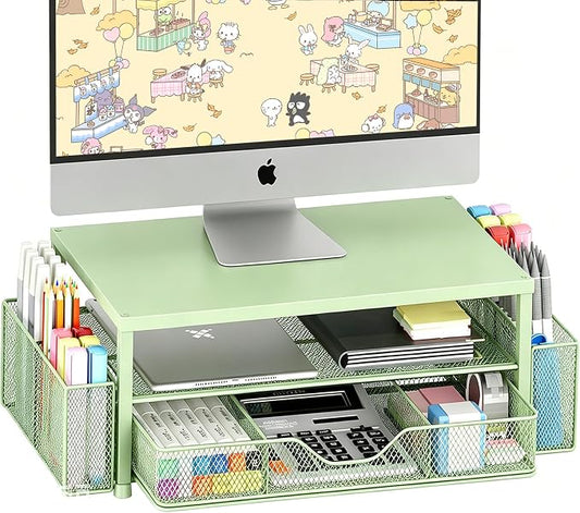 OPNICE Desk Organizers and Accessories, Computer Monitor Stand Riser with Drawer and 2 Pen Holders, Printer & Laptop Stand, Office Desk Accessories & Workspace Organizers for Home Office Supplies, Green