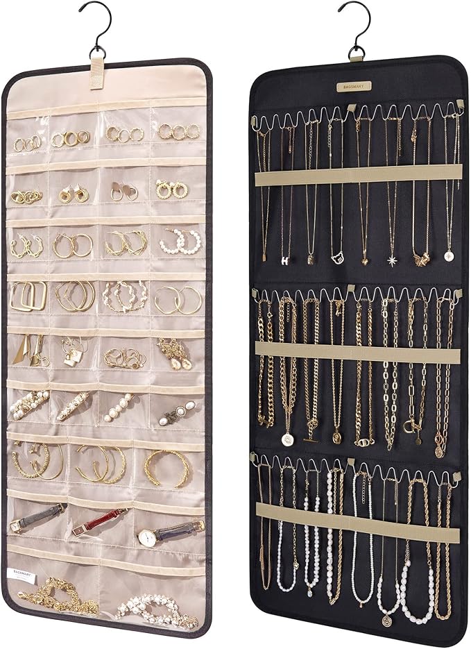 BAGSMART Hanging Jewelry Organizer Necklace/Earring/Ring 2-Sided L Black | Jewelry Holder Organizer Storage with Hanger Metal Hooks Double-Sided Jewelry Holder on Closet, Wall, Door