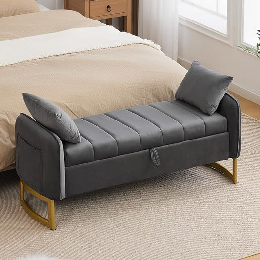 End of Bed Storage Bench, 51'' Velvet Storage Benches for Queen Size Bedroom Foot of Bed, Storage Ottoman Bench with Golden Legs and Pillow for Living Room Window Entryway, Dark Grey