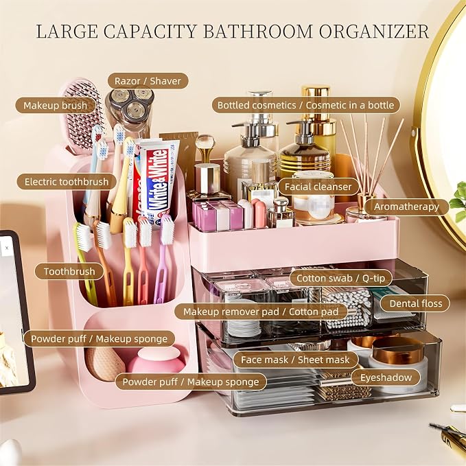 Makeup Organizer with Drawers for Vanity Bathroom Counter Organizers and Storage, Large Skincare Organizer with Brush Toothbrush Holder for Perfume, Nail Polish, Dresser, Office Supplies, Pink