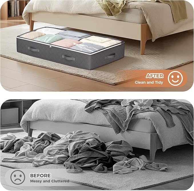 Budding Joy 90L Under Bed Storage Containers, 2 Pack Storage Bins, Grey | Foldable underbed storage bins for linen sheets, blanket, clothing, comforter, sweaters, pillows, wrapping paper
