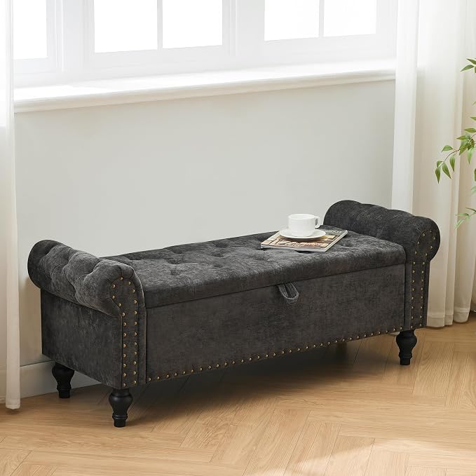 51" Storage Bench for Bedroom, Upholstered Ottoman Bench, Chenille DarkGray | End of Bed Bench for Bedroom, Window Benches for Living Room, Entryway, Ottoman with Large Storage Space, Pet Friendly