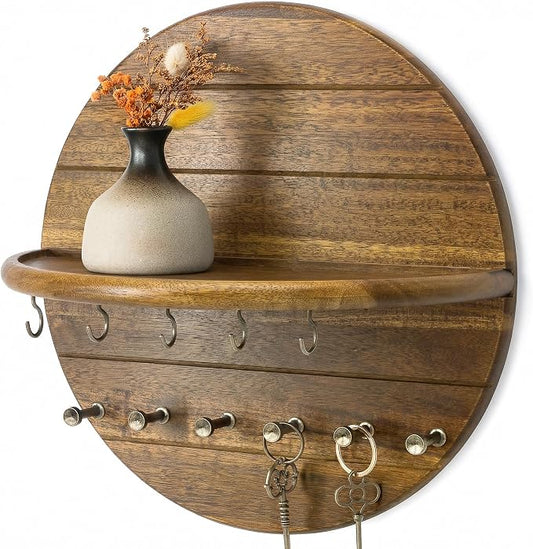 Rebee Vision Acacia Wood Round Key Holder Wall Mount for Home Decor, Brown | Round Corner, Key Holder for Wall with Floating Shelf, Rich Wood Grain, 2 Types of Hooks, Meets Daily Family Needs