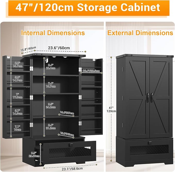 kepptory Farmhouse Pantry Cabinet with Barn Door & Adjustable Shelves, Freestanding Kitchen Storage Cabinet for Dining Room, Bathroom, Hallway (Black)