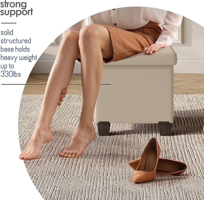Storage Ottoman Cube with Small Bin, 15-in Square Ottoman with Storage for Living Room and Bedroom, Small Ottomans Foot Rest, Leather Foot Stools Ottomans Max 330lbs, Beige
