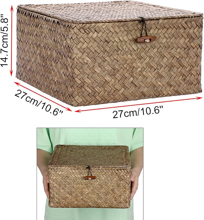 Hipiwe Wicker Shelf Baskets Bin with Lid Handwoven Seagrass Storage Basket Container Square Multipurpose Household Basket Boxes for Shelves and Home Organizer, Coffee Large