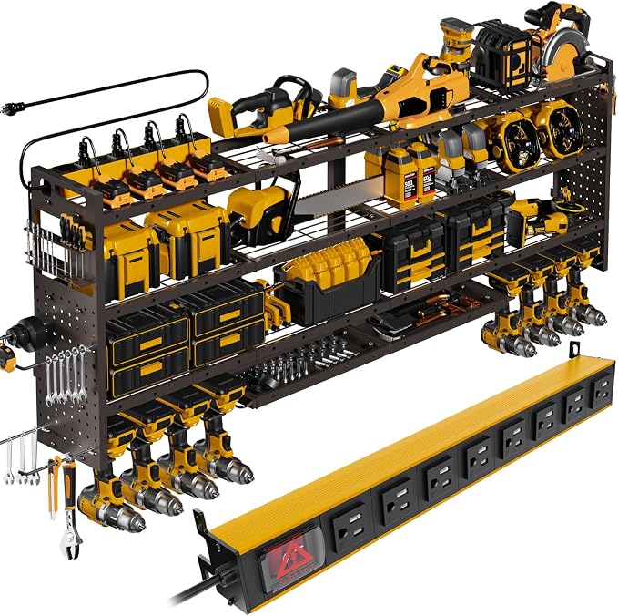 XLarge 64''W Power Tool Organizer Wall Mount | 8-Outlet TR Charging Station | Modular&Corner-Fit 820lbs Garage Storage Rack with 8 Cordless Drill Holder | Shelf for Workshop Organization